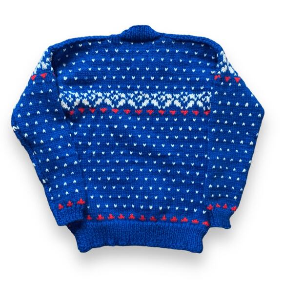 Vintage Handmade Sweater Blue White Red Fair Aisle Hearts Long Sleeve Crewneck - Picture 6 of 8